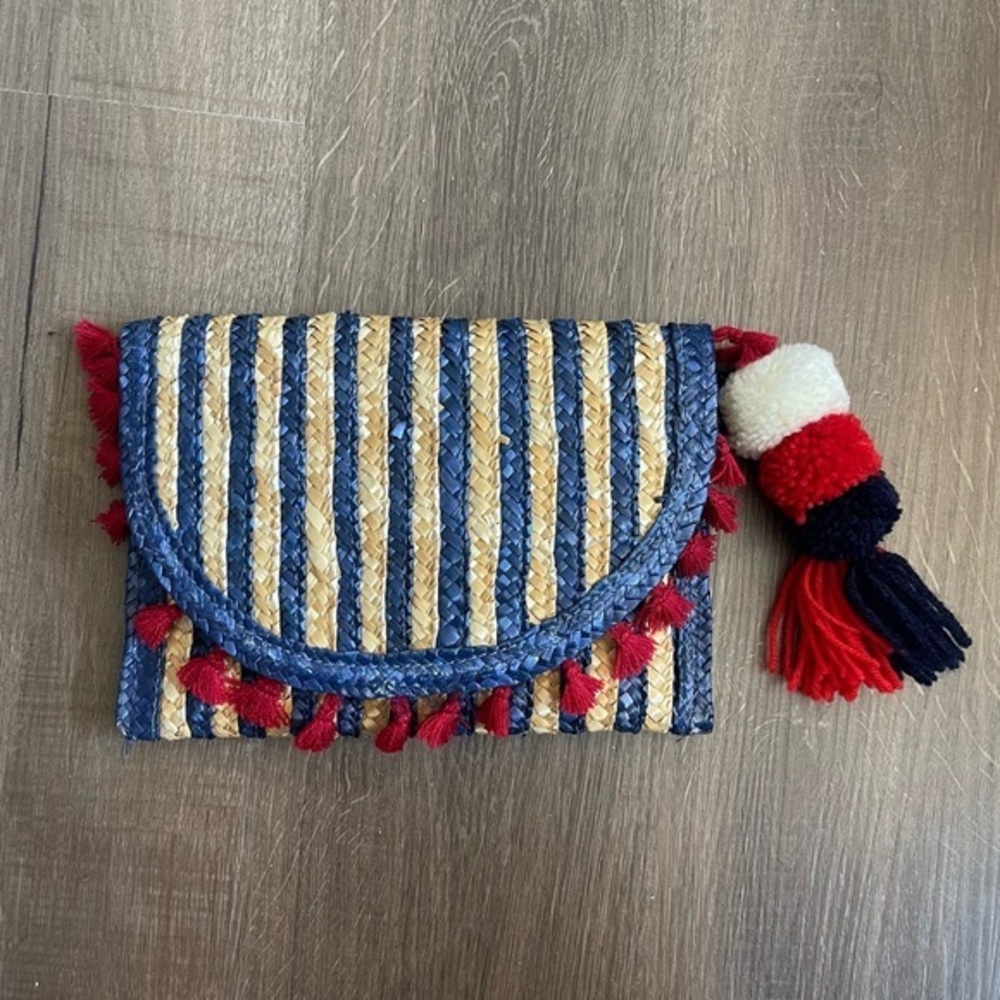 Shiraleah Wheat Straw Clutch Purse with Tassels and Pom Poms Red White Blue